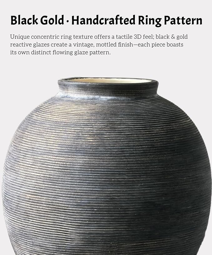 Black Ceramic Flower Vase, 9.8" H, Large Round Table Vase - Image 6