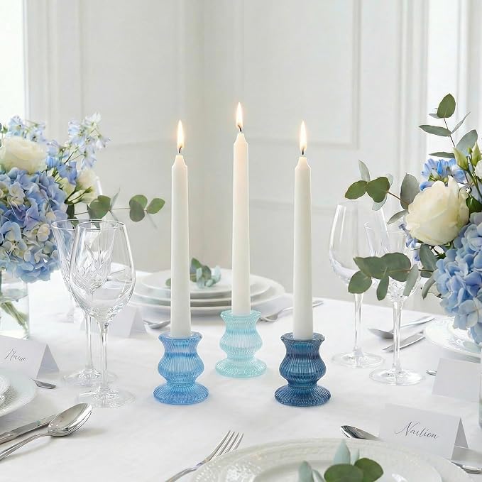 Blue Candlestick Holders 12 Pcs, Ribbed Taper Candle Holders - Image 3