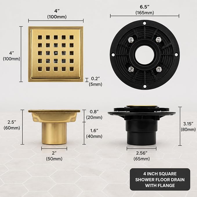 4" Brushed Gold Shower Drain, Square Shower Floor Drain - Image 2