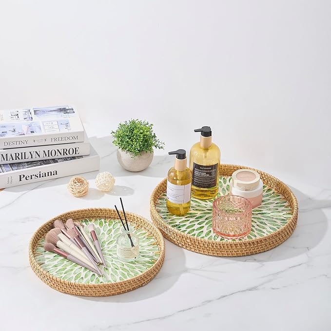 Round Rattan Tray with Mother of Pearl Inlay, Rattan Serving Tray with Wooden - Image 3