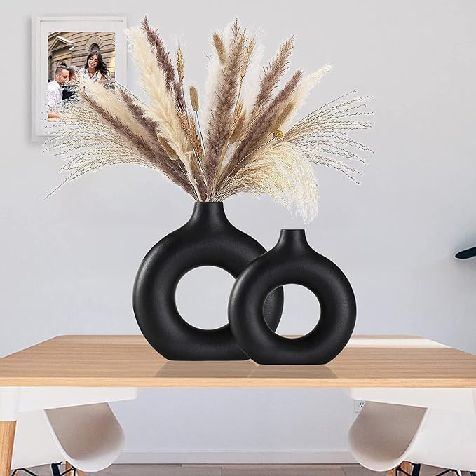 Ceramic Vases Set of 2, Modern Black Round Vase Rustic Home Decor, Donut - Image 4