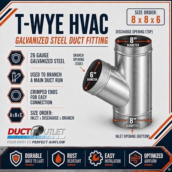 8" x 8" x 6" T-Wye HVAC Duct Fitting, 26 Gauge Galvanized Steel Round Duct - Image 2