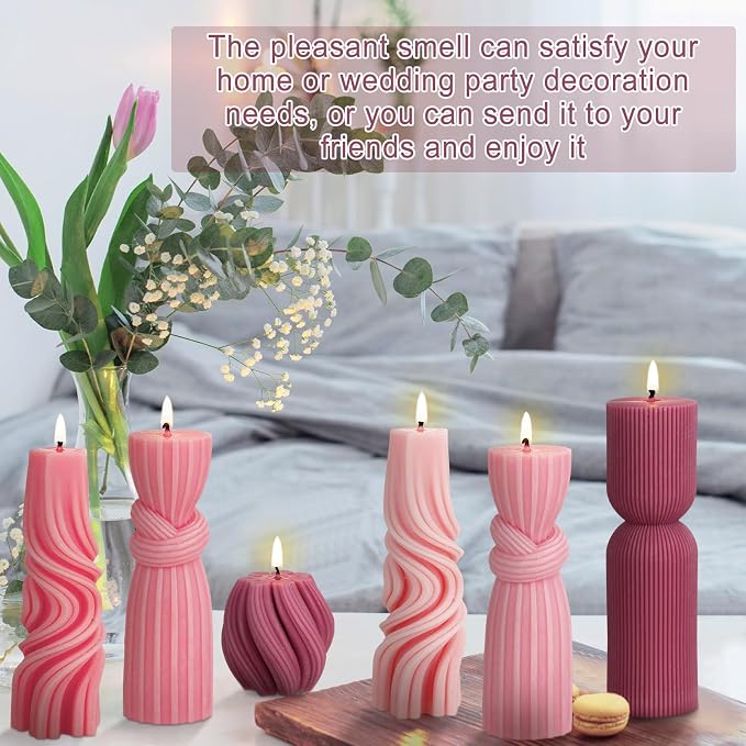 Threlaco 6 Pcs Pink Pillar Candles Decorative Modern Aesthetic Ribbed Candle - Image 6