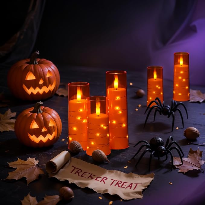 Raycare 9 Pcs Orange Halloween Flameless Pillar Candles - Image 2