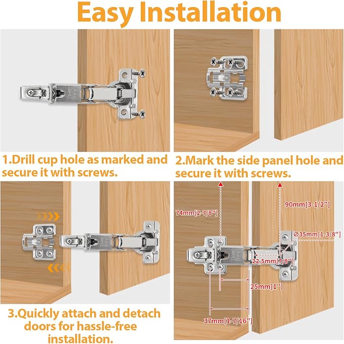 TamBee 1/2 Inch Overlay 175 Degree Cabinet Door Hinges 48mm Frameless Soft - Image 6