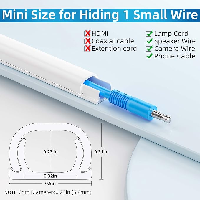 Yecaye 128in Mini Cord Hider, On-Wall Cord Cover, W0.5in H0.31in, Cable - Image 2