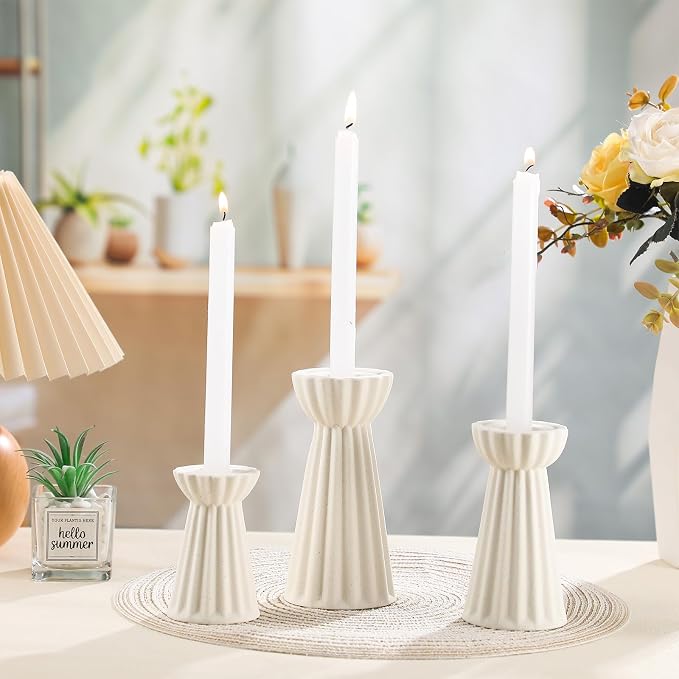 Honeydak Set of 3 Ceramic Taper Candle Holder Cream White Candlestick Holder - Image 7