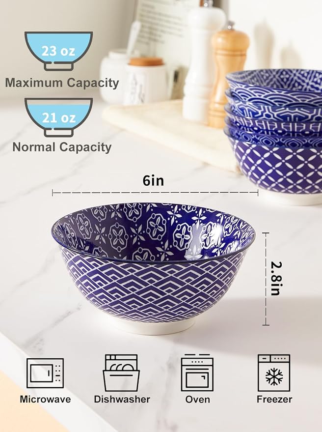 Metahom Cereal Bowls Set of 6, Ceramic Soup Bowls, 23 Oz, Ice Cream, Dishwasher - Image 2