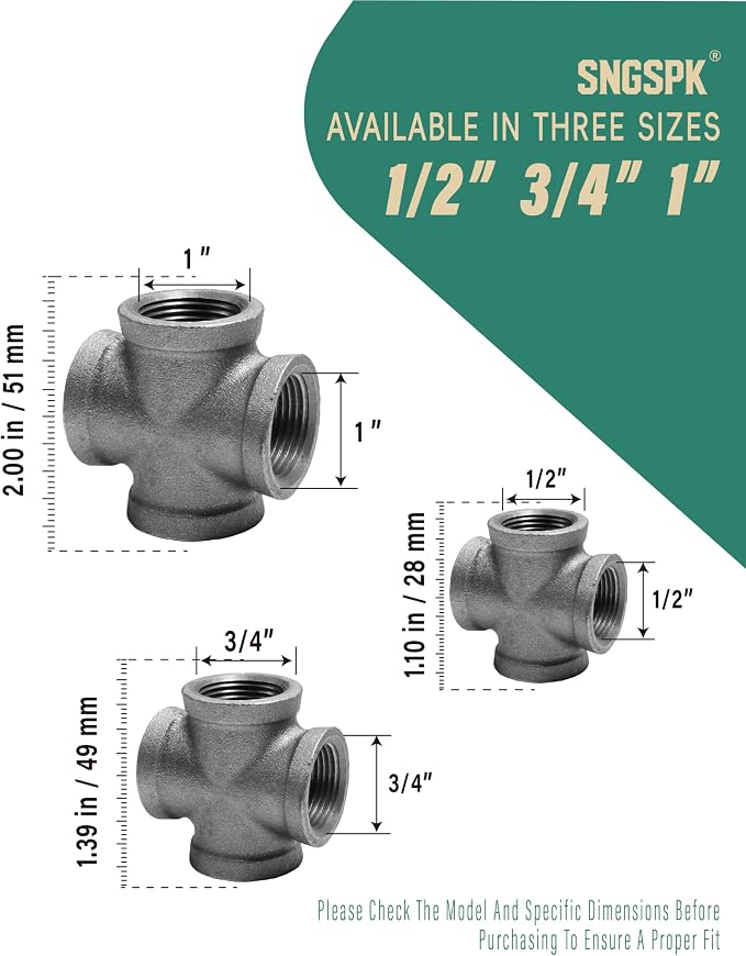 Black Cast Iron Cross Fitting 1/2" Female Thread, 4 Way Industrial Pipe - Image 4