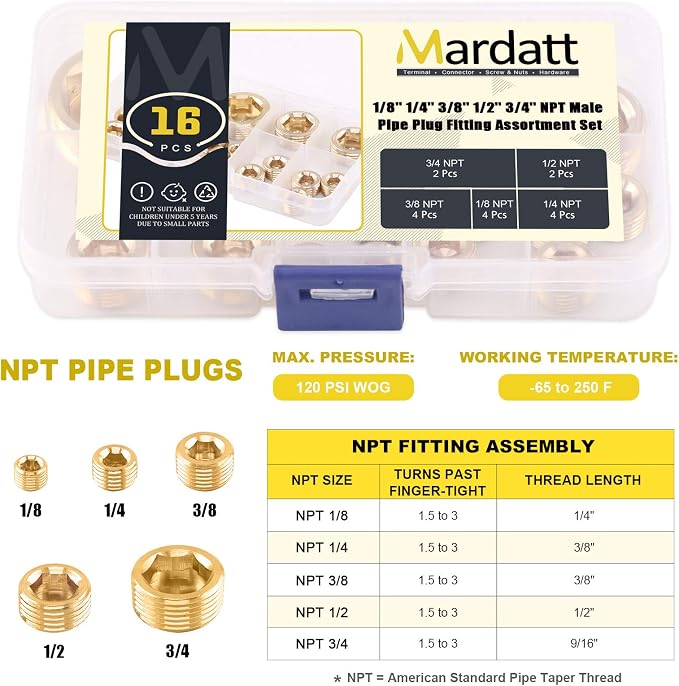 16Pcs 5 Sizes Brass NPT Plug Assortment Kit, 1/8" 1/4" 3/8" 1/2" 3/4" Internal - Image 7