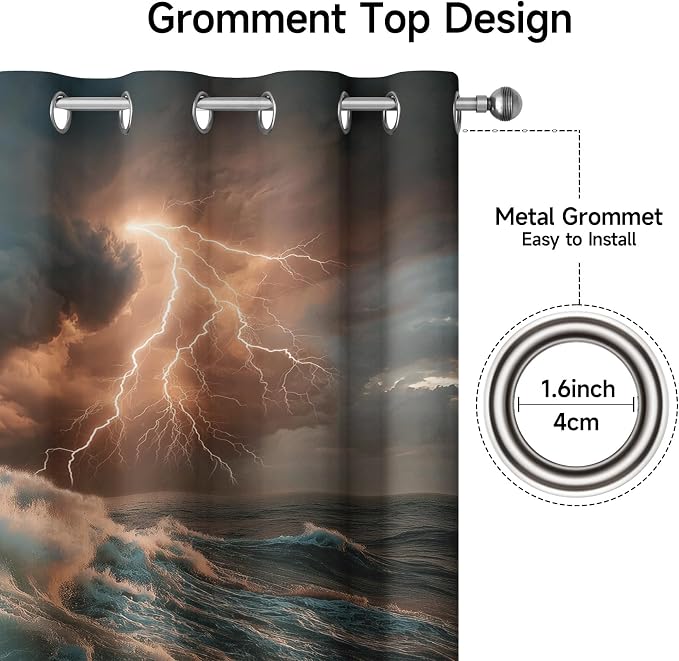 Thunderstorm Curtains for Bedroom 63 Inch Length 2 Panels, Ocean Waves Blackout - Image 6
