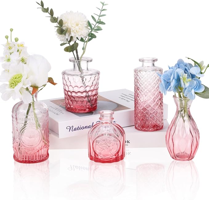 5pcs Pink Glass Bud Vase Set, Small Flower Vases by Fixwal