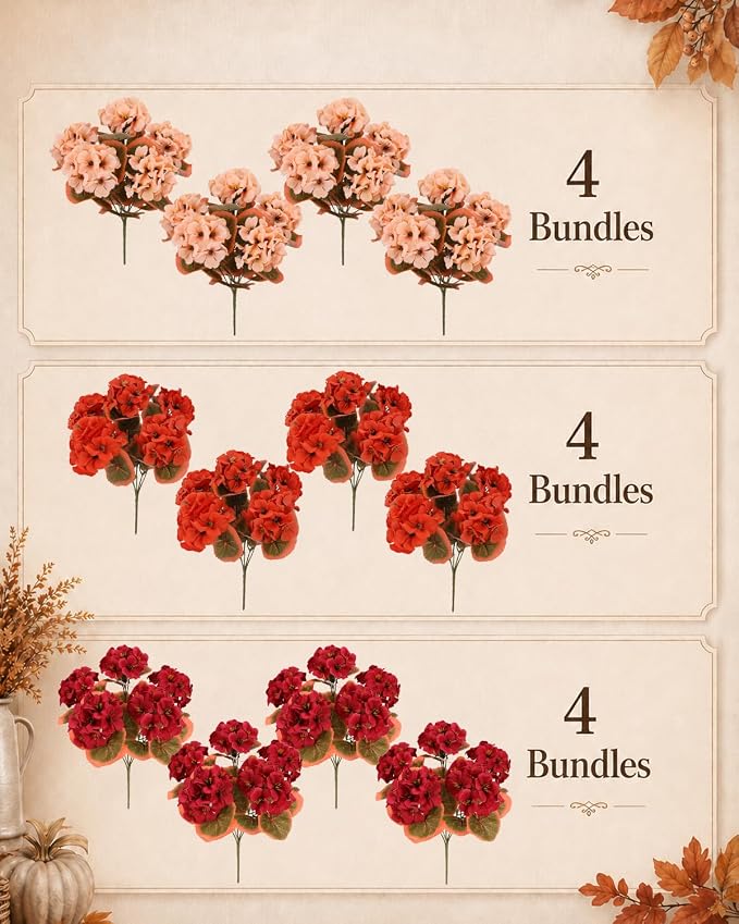Artificial Fall Flowers for Outdoors, 12 Bundles Faux Geraniums | UV-Resistant - Image 8