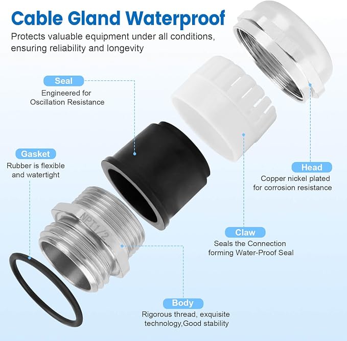 4 Pcs 1/2" NPT Nickel-Plated Copper Cable Gland | IP68 Waterproof, Metal Strain - Image 3