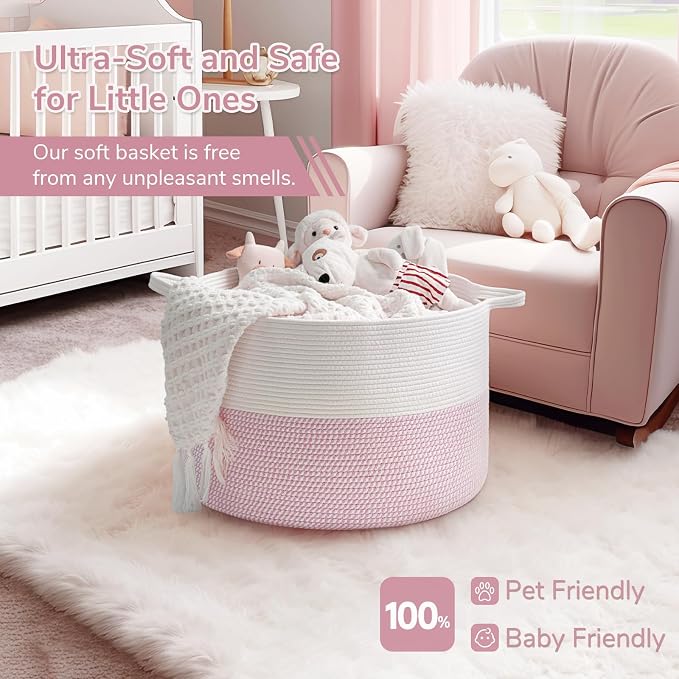 INDRESSME XXXLarge Woven Rope Blanket Basket Living Room Pink, 90L | Pink room - Image 5