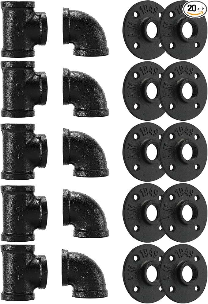 3/4" Black Pipe Fitting, 20 Pack Flange/Elbow/Tee Combo by HomeTZH