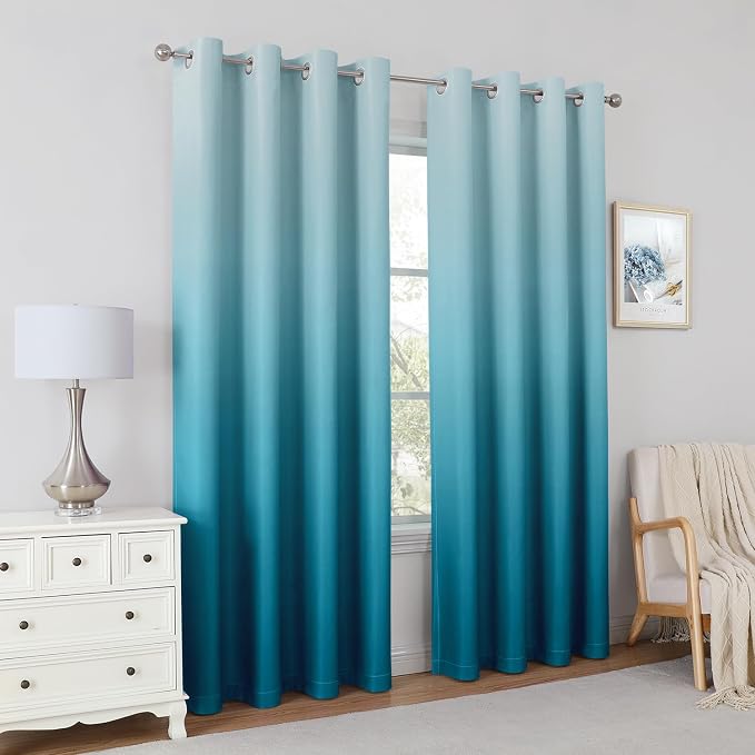 HOMEIDEAS Turquoise Ombre 100% Blackout 52W x 63L 2 Panels | Gradient, Room - Image 6