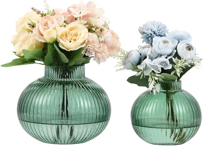 Green Glass Vases for Tulips, Flower Vases for Bouquet, Ribbed Glass Vase for by YANWE