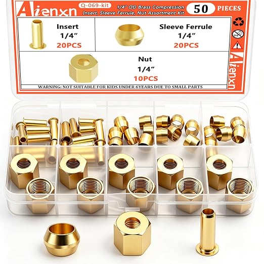 50PCS 1/4" Brass Compression Fittings Assortment kit, Sleeve Ferrule, Nut by Aienxn