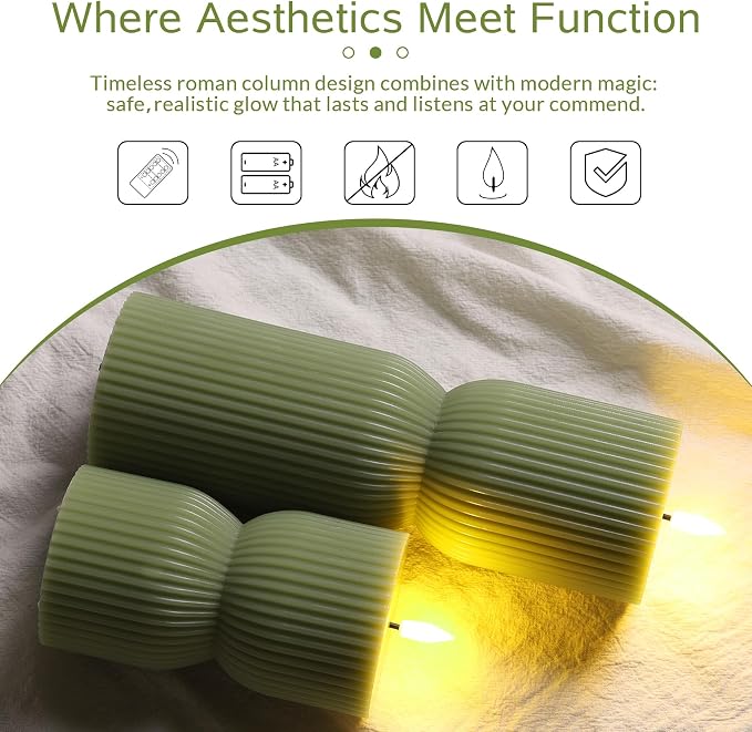 Olive Green Ribbed Flameless Pillar Candles - Image 4