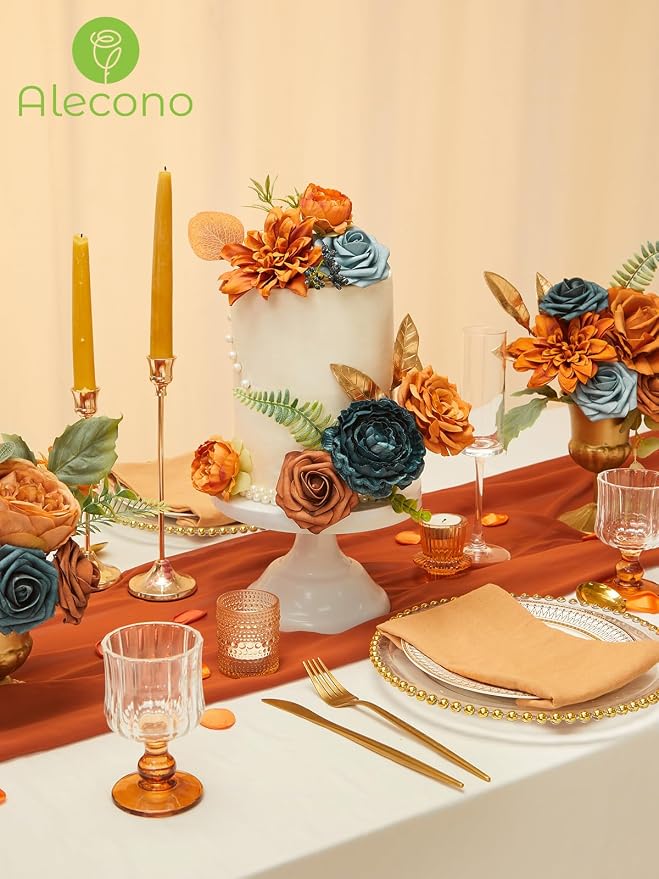 Alecono Orange and Teal Artificial Flowers, Silk Fake Floral Set | - Image 5