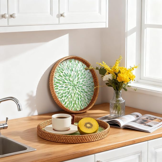 Round Rattan Tray with Mother of Pearl Inlay, Decorative Basket with Wooden Base - Image 5