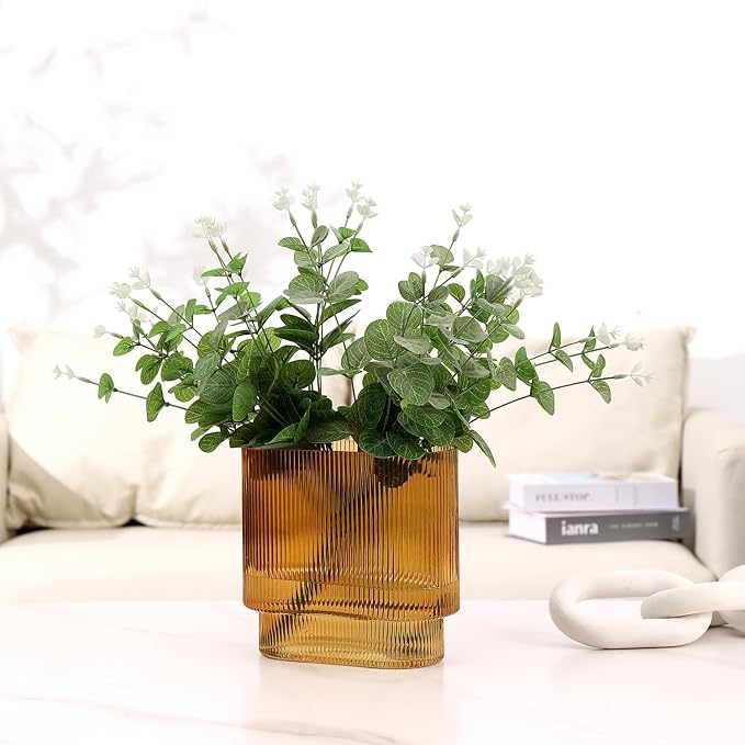 Ribbed Glass Vase, Amber Glass Vase, Fluted Short Vases - Image 4