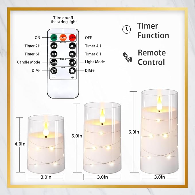 NURADA Flickering Flameless Candles: Built-in Star String Lights Acrylic 3D - Image 6