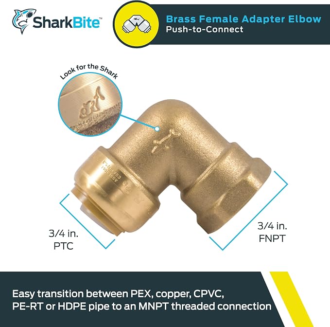 SharkBite 3/4 Inch x 3/4 Inch 90 Degree Female Adapter Elbow, Push to Connect - Image 2