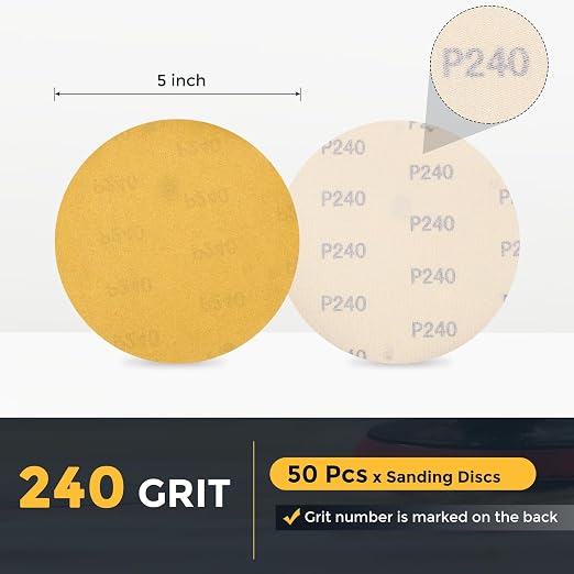 HARFINGTON 50 Pcs 5 Inch Sanding Discs 240 Grit Yellow Aluminum Oxide | Hook - Image 2