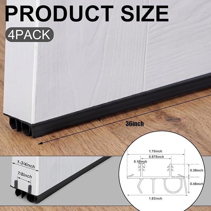 Pushglossy 4 Pcs Kerf Style Door Bottom Seal 36" Black Draft Stopper | 1-3/4" - Image 2
