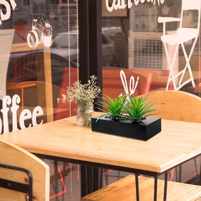 MyGift 10 Inch Fake Green Grass Plant in Rectangular Black Wood Planter | Faux - Image 4