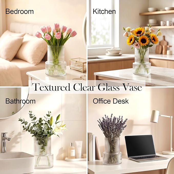 Ribbed Glass Cylinder Vase Set, Home Decor, Tall Fluted Glass - Image 5