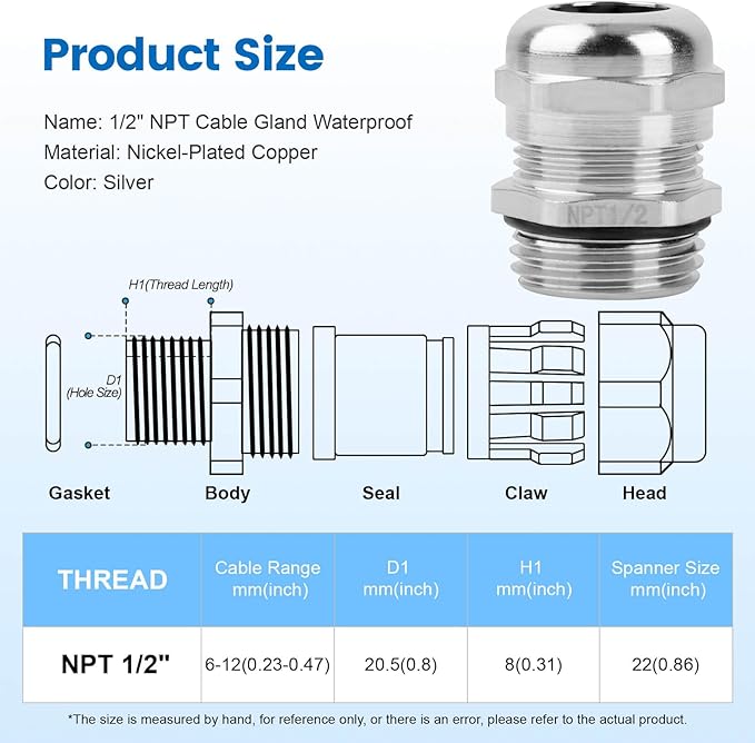 4 Pcs 1/2" NPT Nickel-Plated Copper Cable Gland | IP68 Waterproof, Metal Strain - Image 2