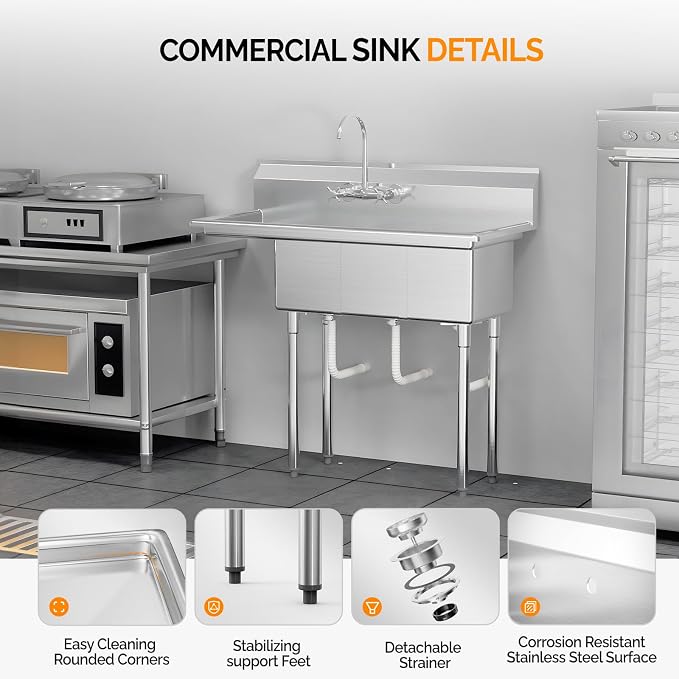 ROVSUN Commercial Sink, Stainless Steel - Image 2