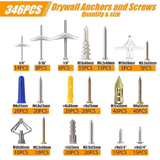 weideer 346PCS 11Sizes Drywall Anchors and Screws Assortment Kit, Toggle Bolts - Image 2