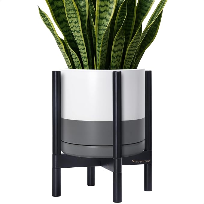 D'vine Dev Ceramic Pot with Ebony Wood Stand, 12 in, 55-B-H-6 | Mid-Century by DvineDevPlanterPotsandStand