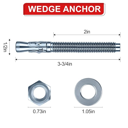1/2 x 3-3/4 inch Wedge Anchors, Galvanized Concrete Anchors, Concrete Wall - Image 2