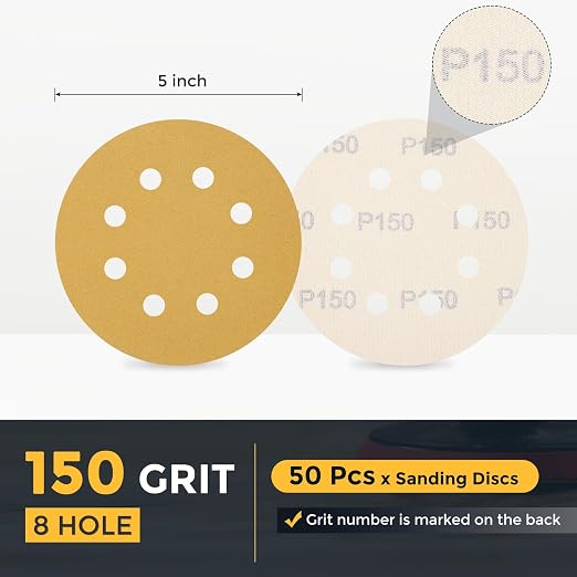 HARFINGTON 50Pcs 5Inch Sanding Discs 150Grit Yellow Aluminum Oxide 8 Hole | - Image 2