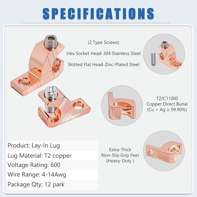 Lay in Connector Pool Bonding Lug, 12 Pack Copper Lay-in Clamps - Image 3