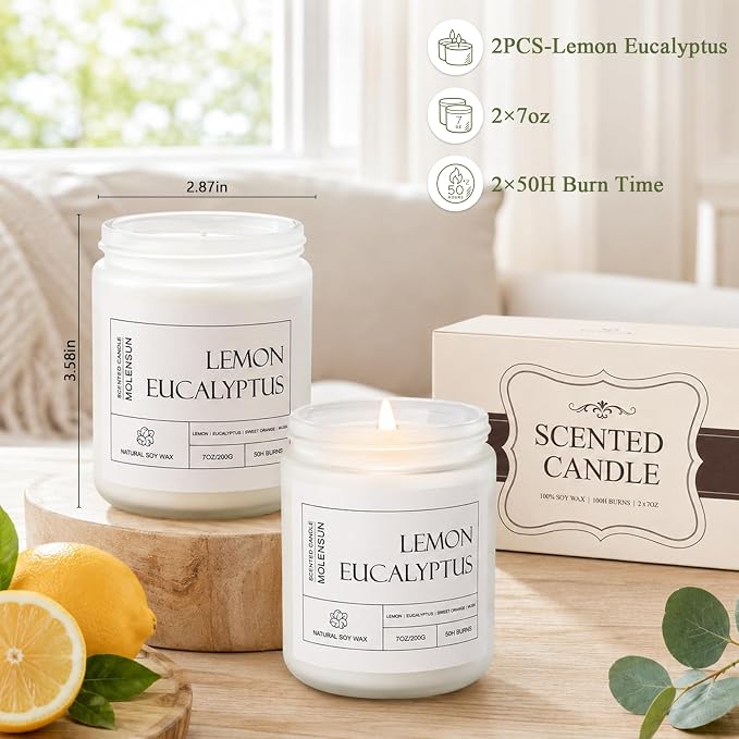 Molensun Lemon Eucalyptus Scented Soy Candles, 7 Oz 2 Pack Gift Box - Image 7
