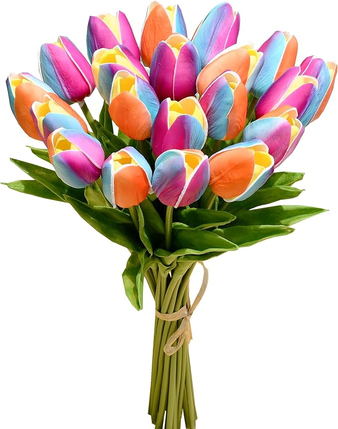 Mandy's 20pcs Artificial Rainbow Orange Tulips | 13.5 Inch Lifelike PU Tulips by Mandys