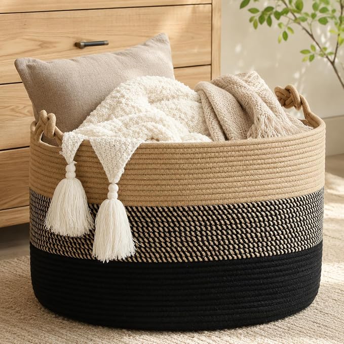 KAKAMAY Large Blanket Basket, Woven Rope Baskets by KAKAMAY