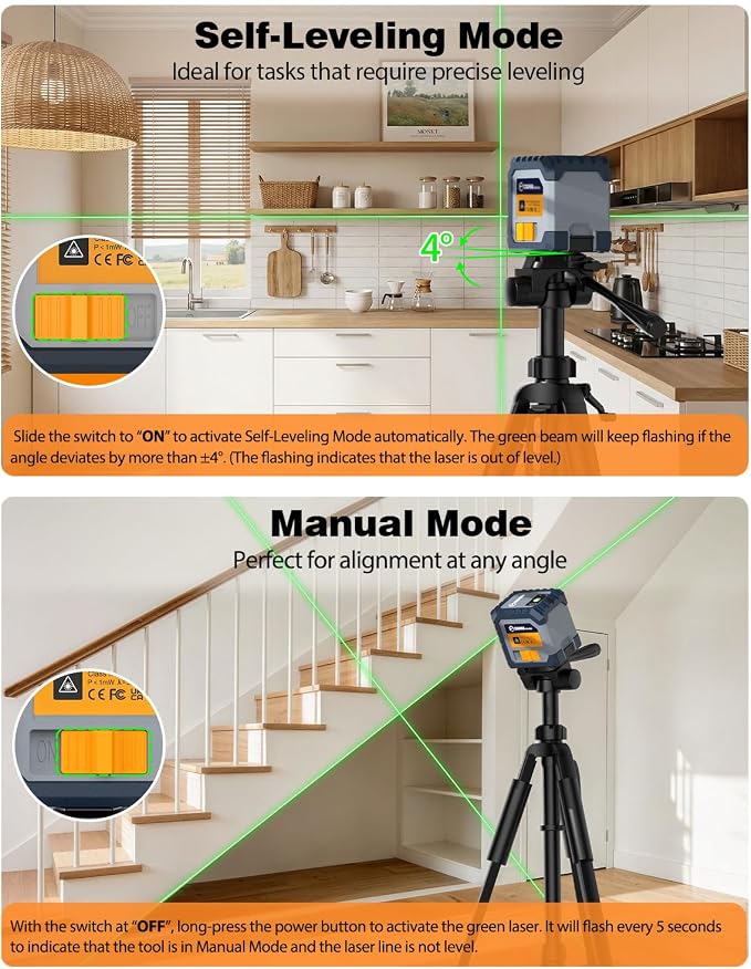 Cross Line Laser Level, IP54 Waterproof, Manual & Pulse Modes - Image 3