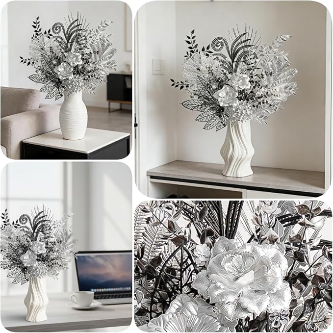 Black silver artificial decorative bouquet, Luxury Gothic silk flowers 17'' | - Image 4