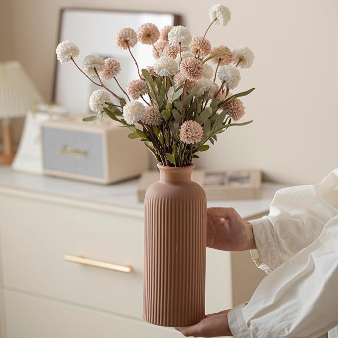 Large Modern Ceramic Vase Set, Coffee Ribbed Matte Design, 3-Piece Decorative - Image 5