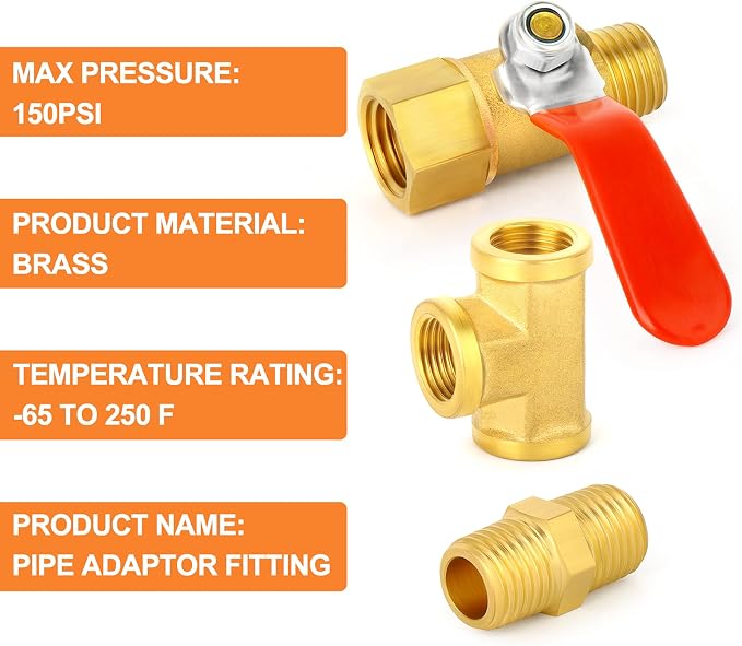 GASHER 6PCS 1/4 Inch NPT Brass Pipe Fitting, Ball Valve, Barstock Tee Brass - Image 6