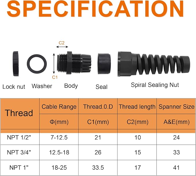 4Pcs NPT 1/2" Black Cable Gland | IP68 Waterproof, Nylon Joint, Adjustable - Image 2
