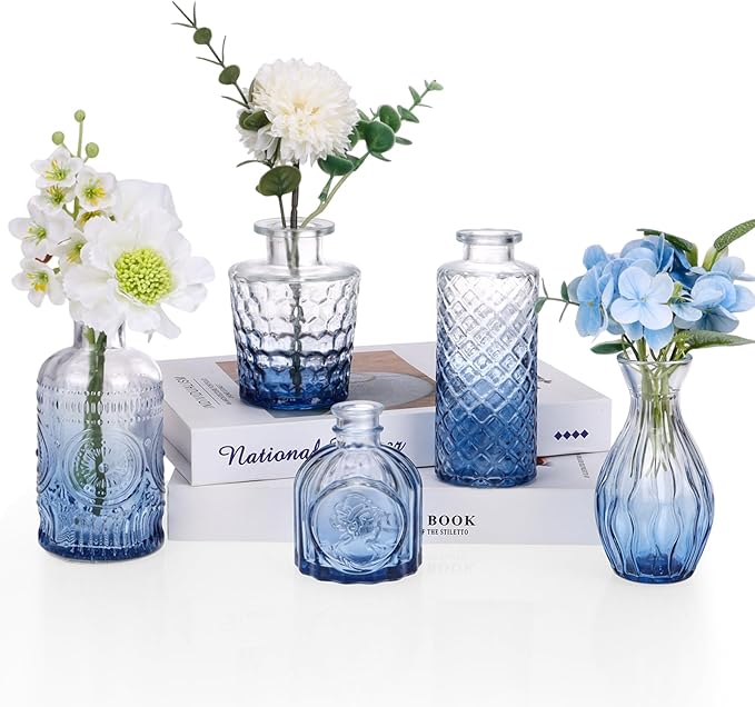 5pcs Blue Glass Bud Vase Set, Small Flower Vases by Fixwal