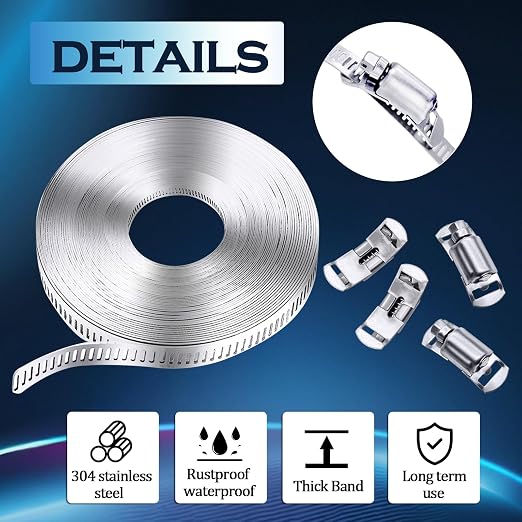 304 Stainless Steel Hose Clamp Assortment Kit, DIY 50FT Metal Strap + 24 - Image 5